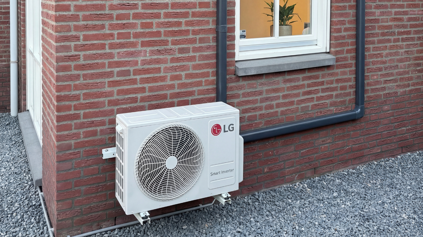 Airco buitenunit geïnstalleerd tegen een gevel